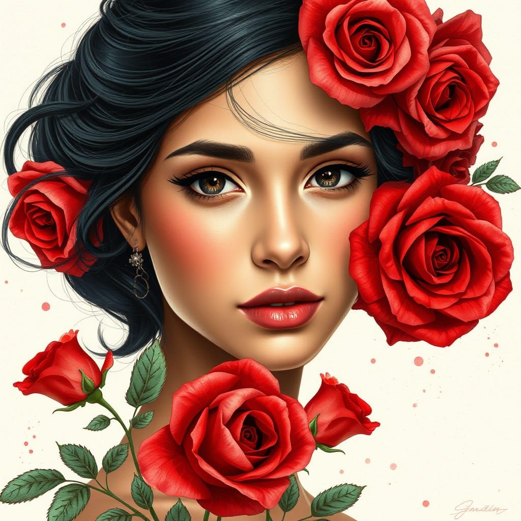 Digital Portrait of a Young Latina Woman with Vibrant Red Ro...