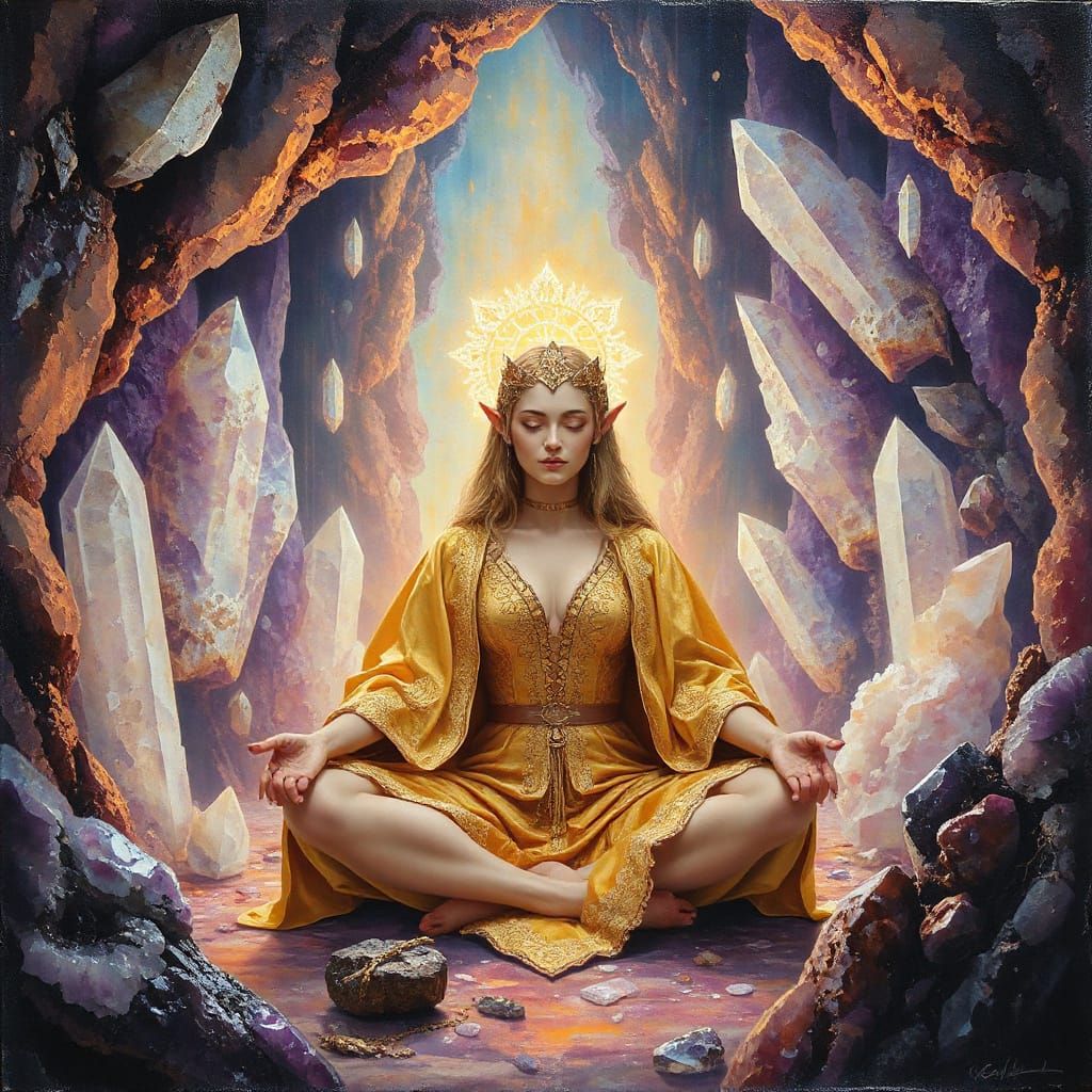 Elven Sorceress Meditating in Crystal Cavern