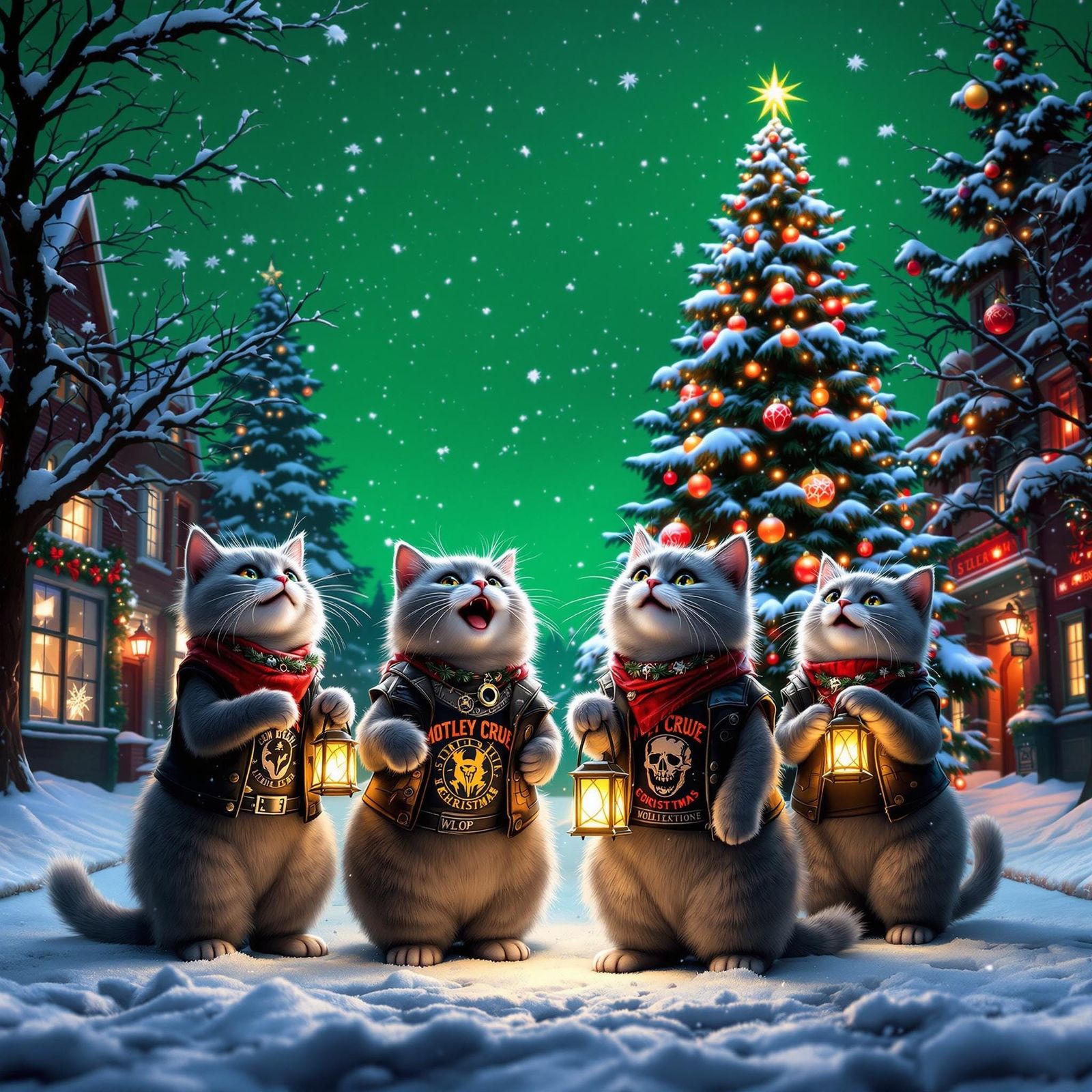 Surreal Anime Christmas Scene with Rocking Cats