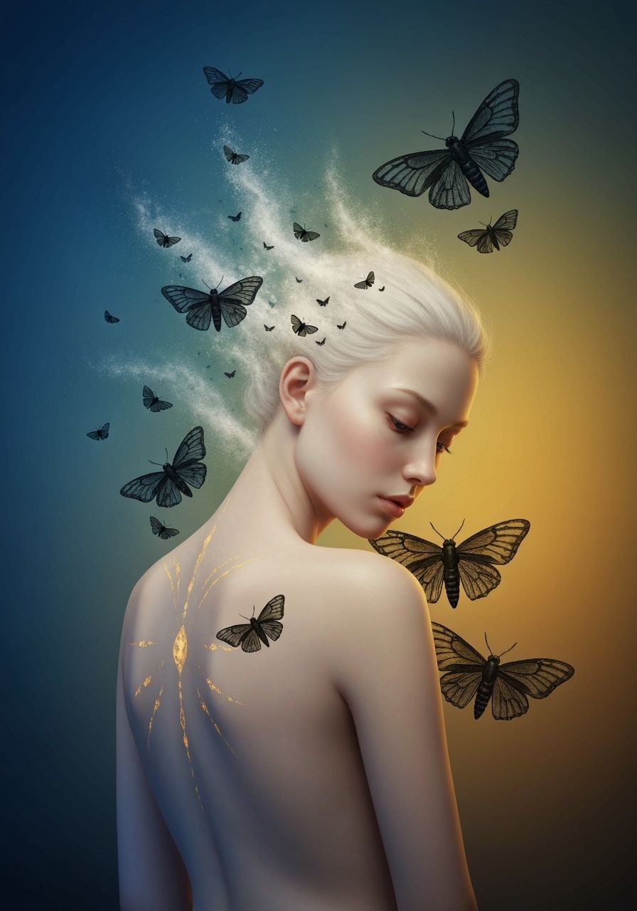 Ethereal Woman Dissolving into Moths, Surreal Illustration