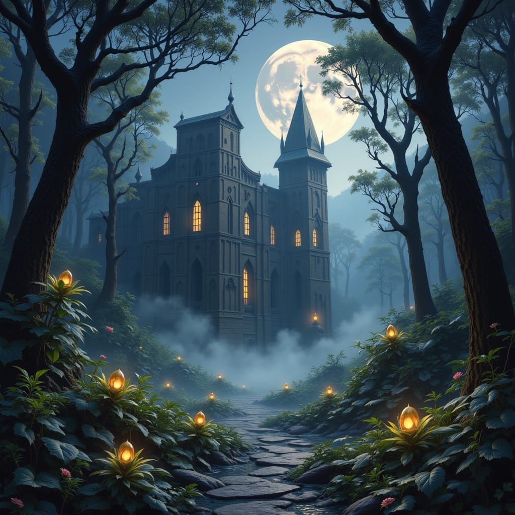 Enchanted Castle Ruin Under Double Moon, Painterly Style