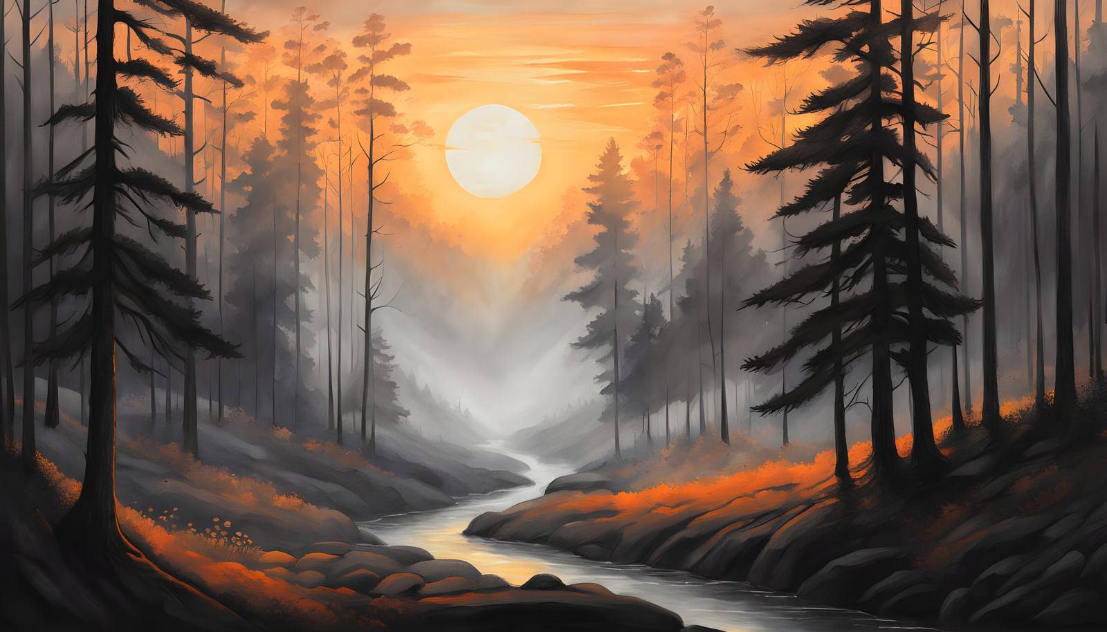 Misty Forest Silhouette in Charcoal Drawing Style