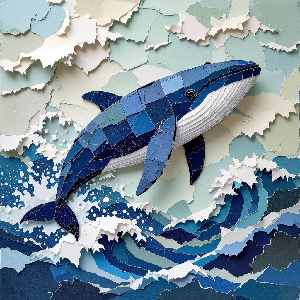 Paper Whale Breaching: Collage-Style Illustration