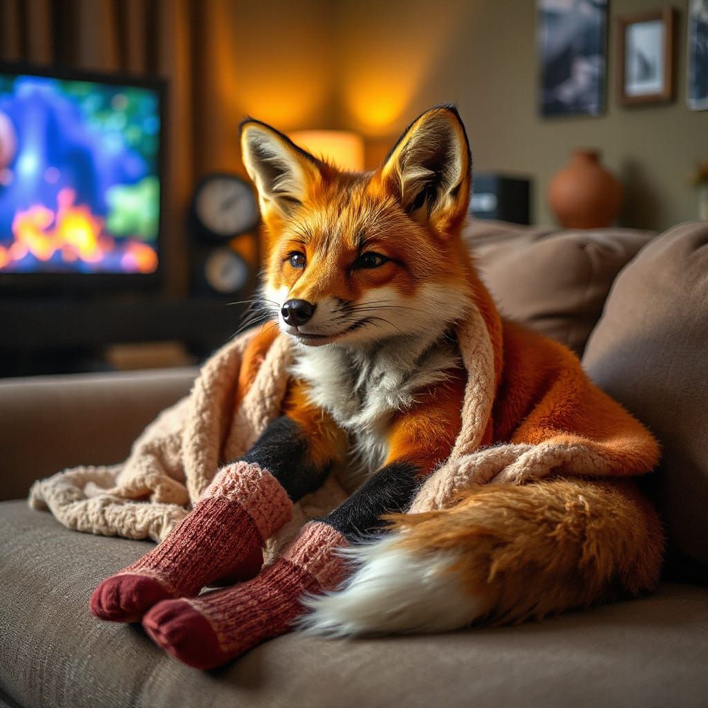 Fox Watching TV with Dreamlike Lighting