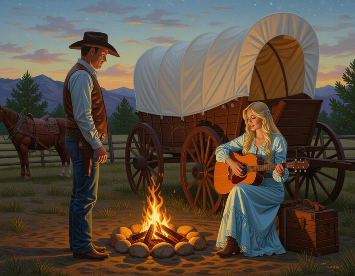 Cowboy Listens to Saloon Girl Sing in Campfire Light