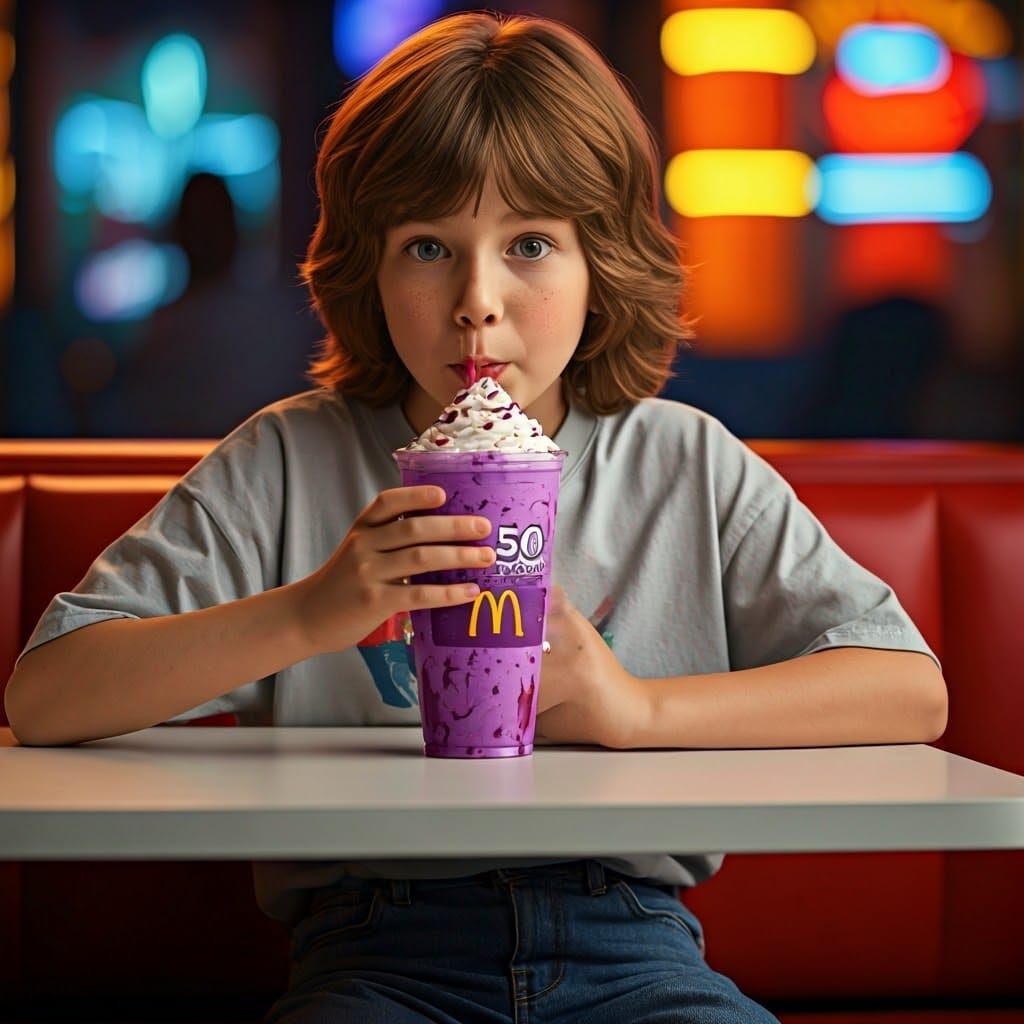 Boy Enjoys Grimmace Shake in Retro McDonald's
