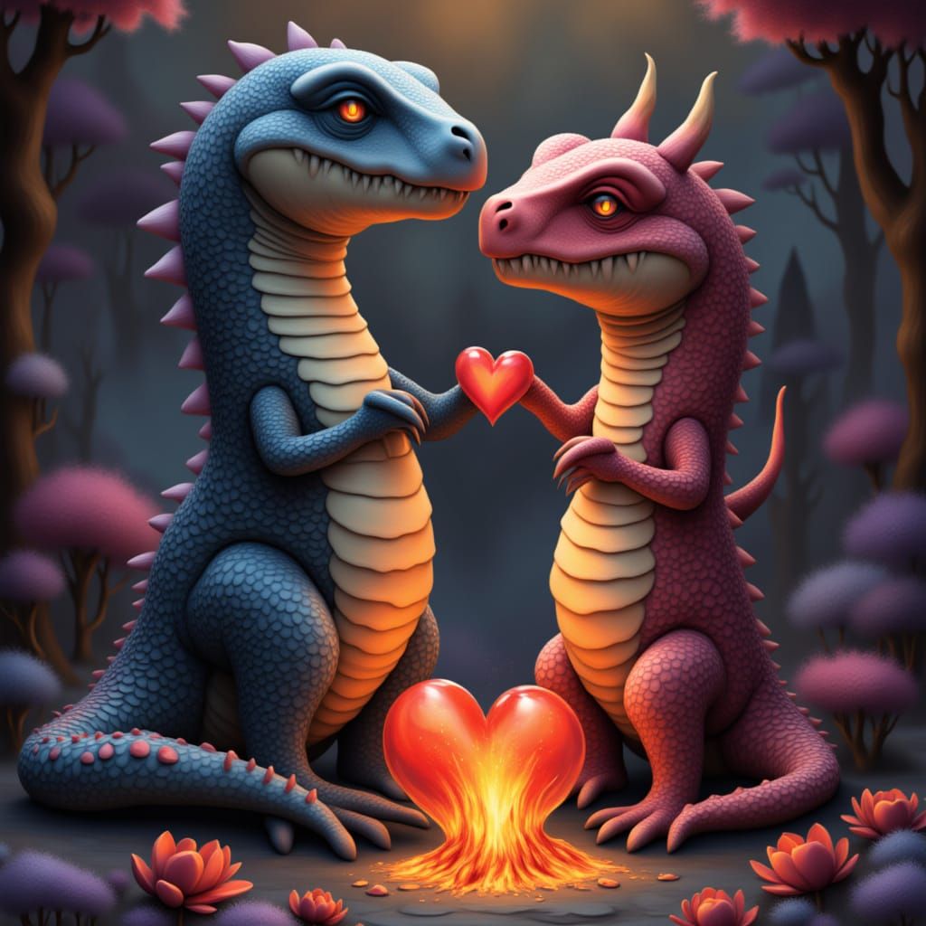 Romantic Lava Creatures in Volcanic Eruption