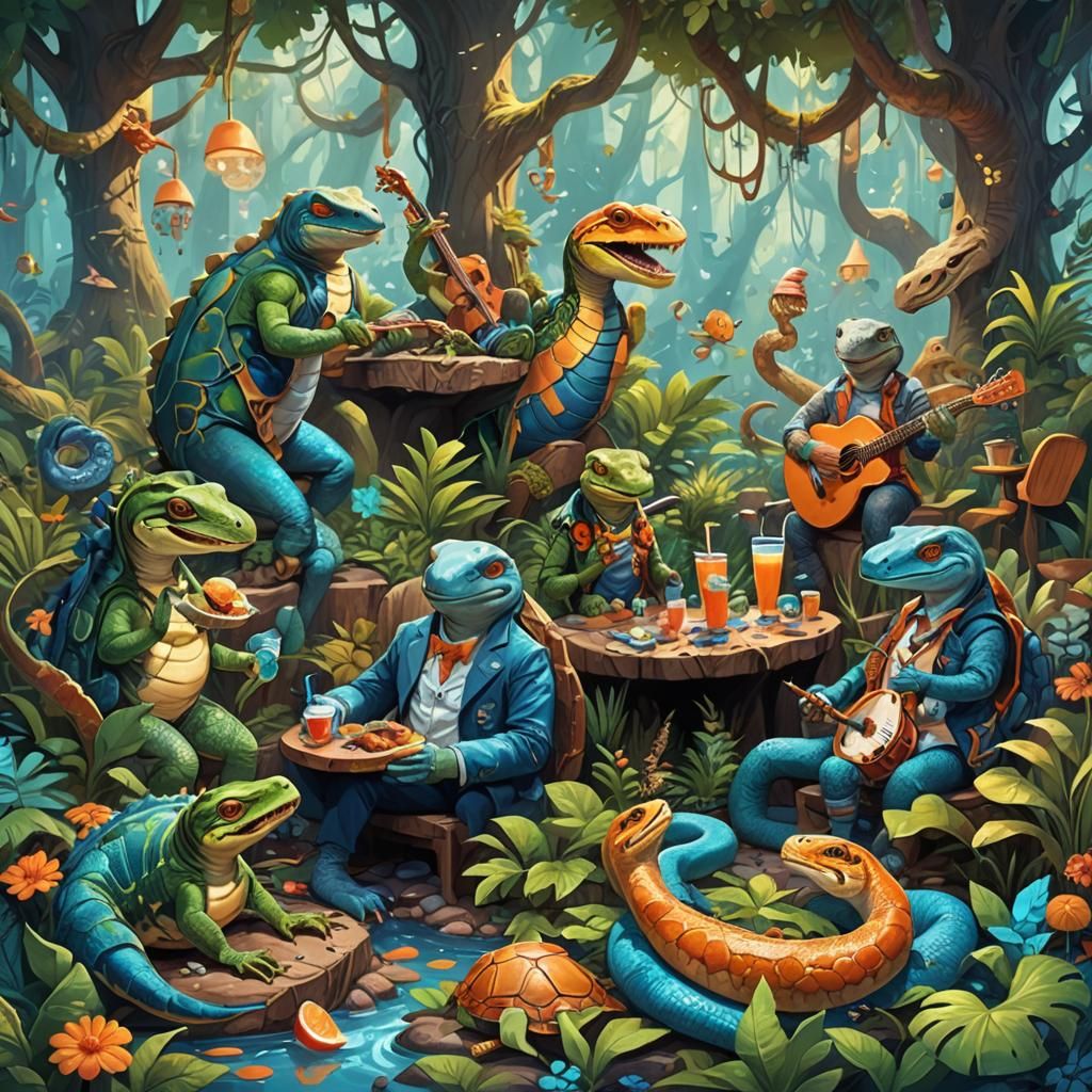 Whimsical Reptiles Enjoying Life in Fantasy Forest