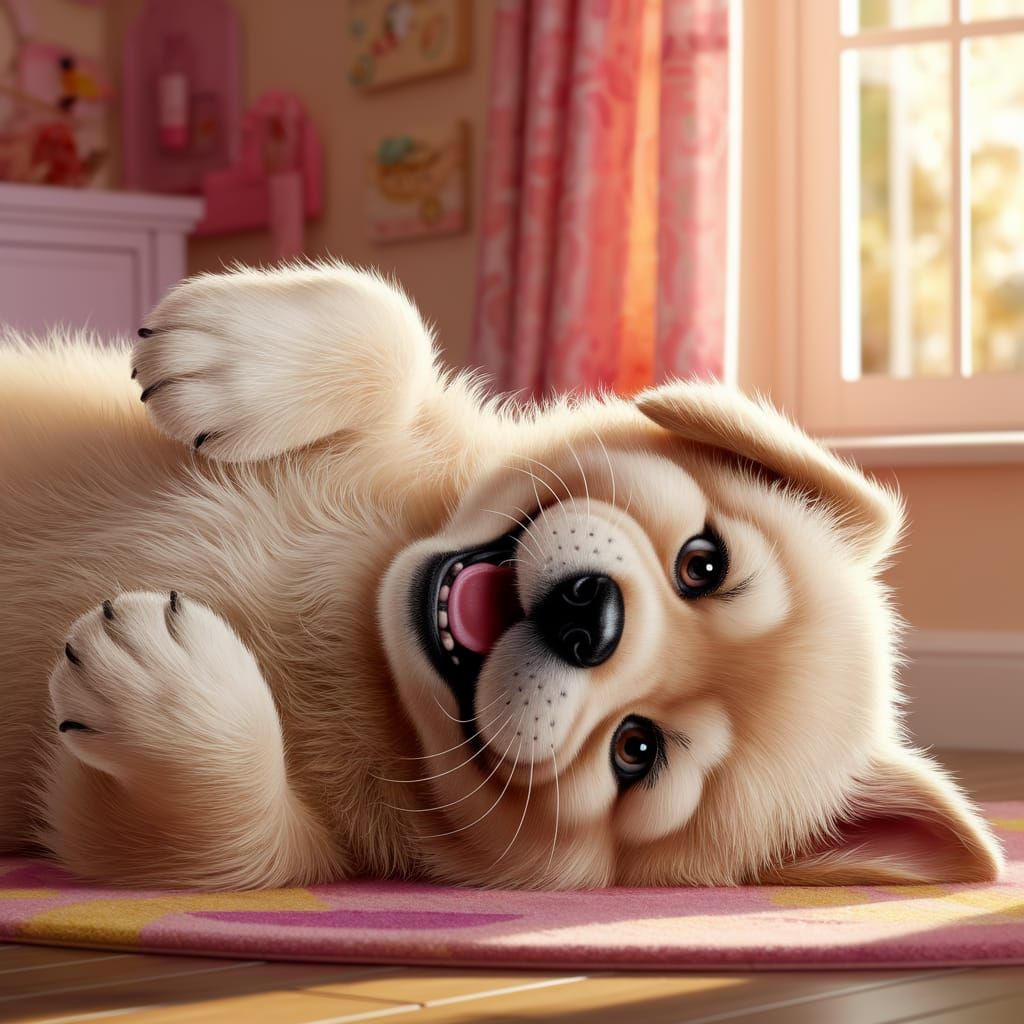 Golden Retriever Puppy in Cozy Girl's Room