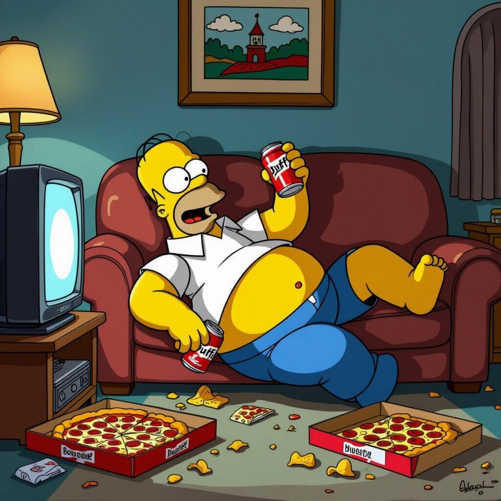 Homer Simpson in Comical, Sloppy Living Room Scene