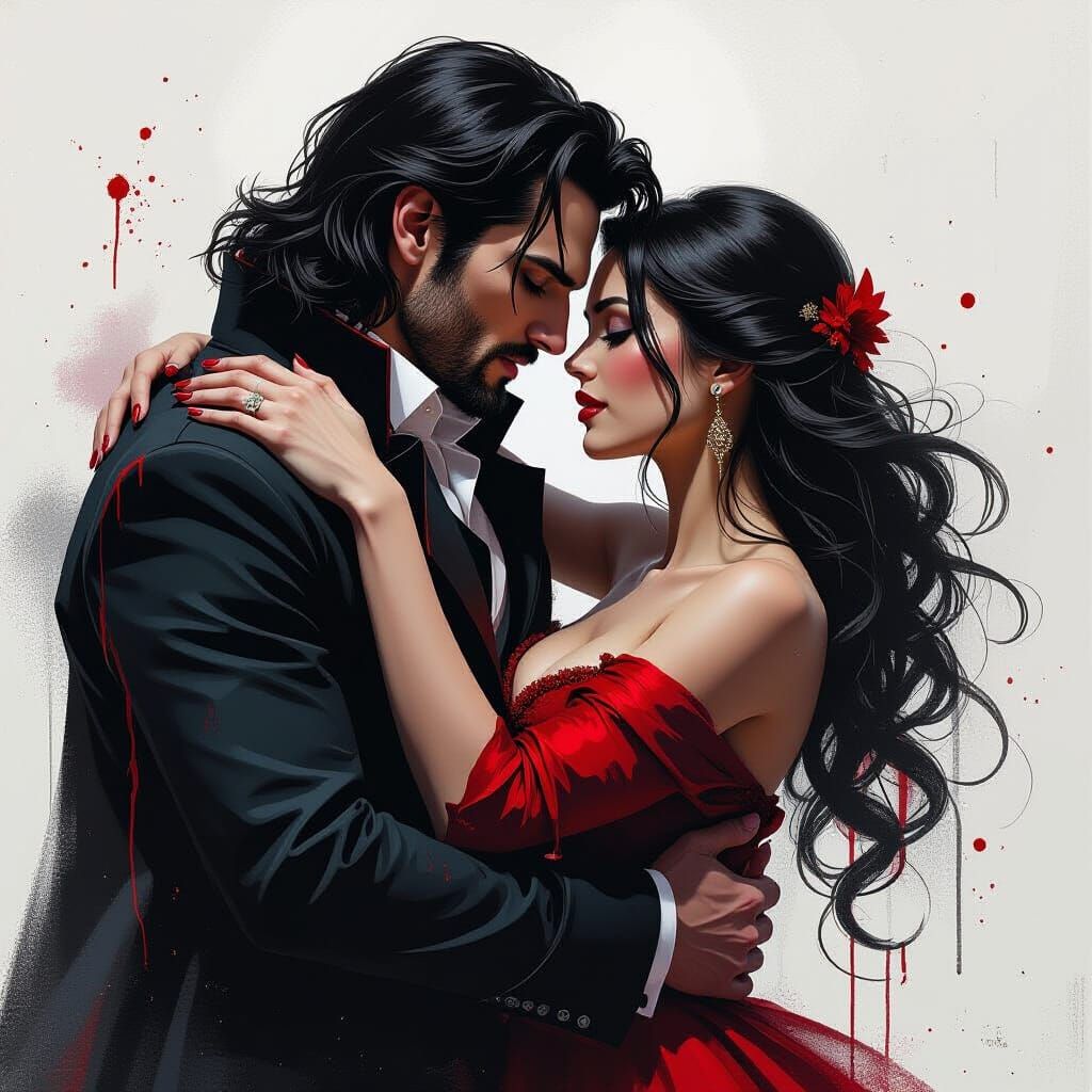 Passionate Vampire and Woman Embrace, Expressive Oil Paintin...