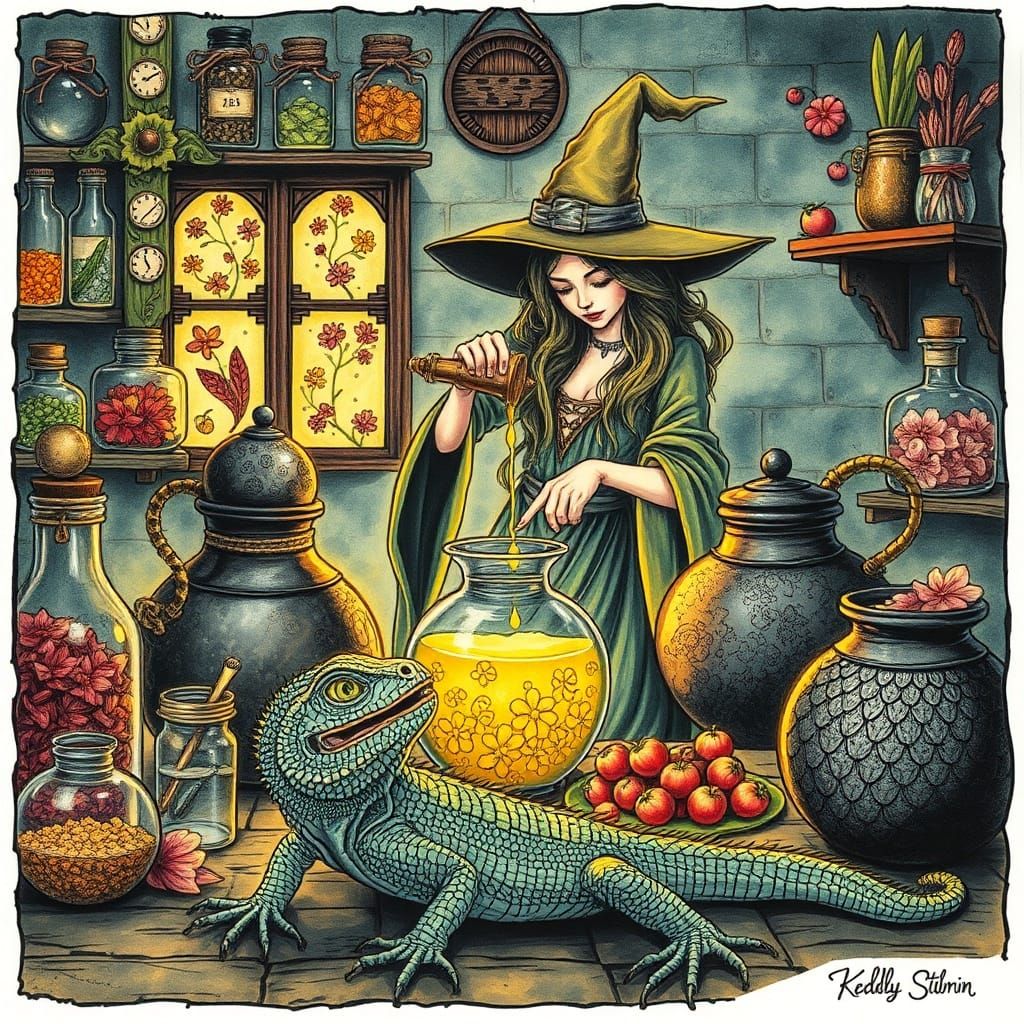 Intricately detailed alcohol ink illustration, well-lit Poti...