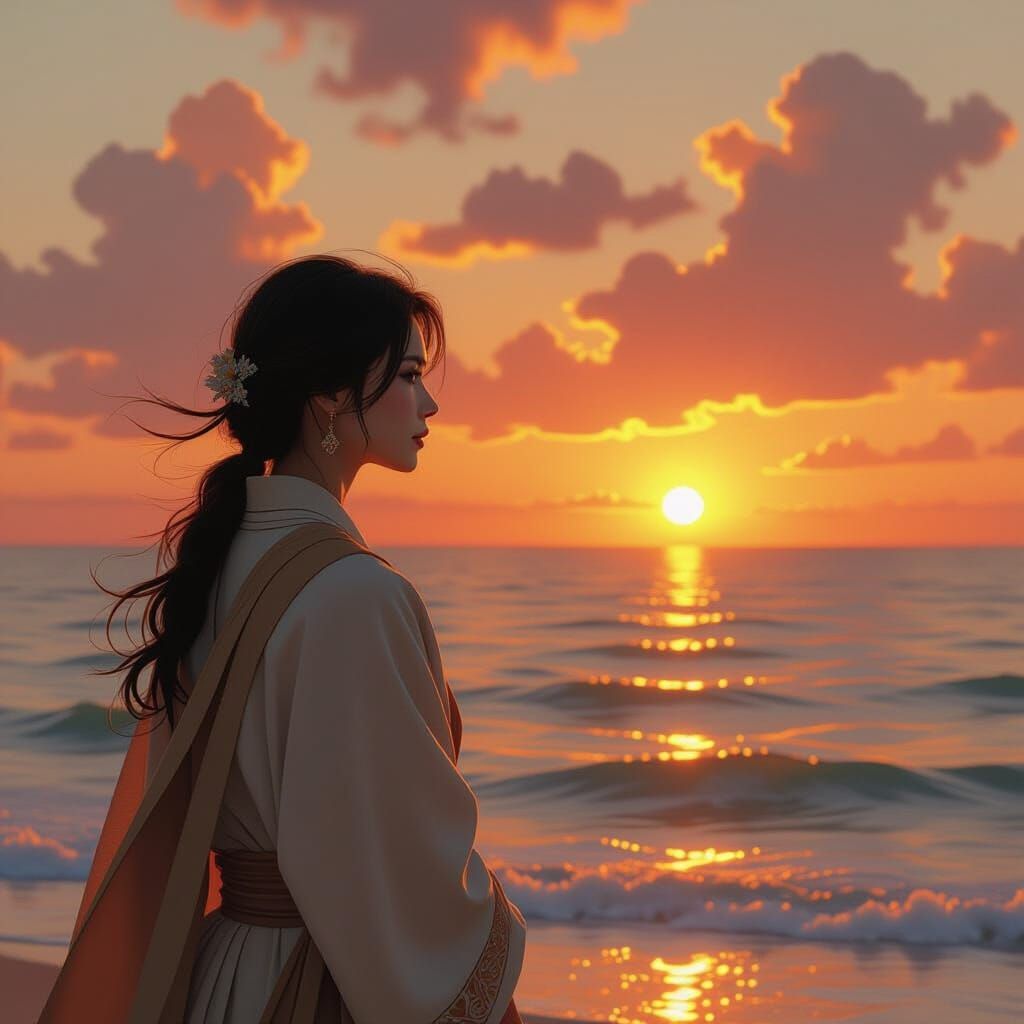 Contemplative Figure Gazing at Vibrant Sunset