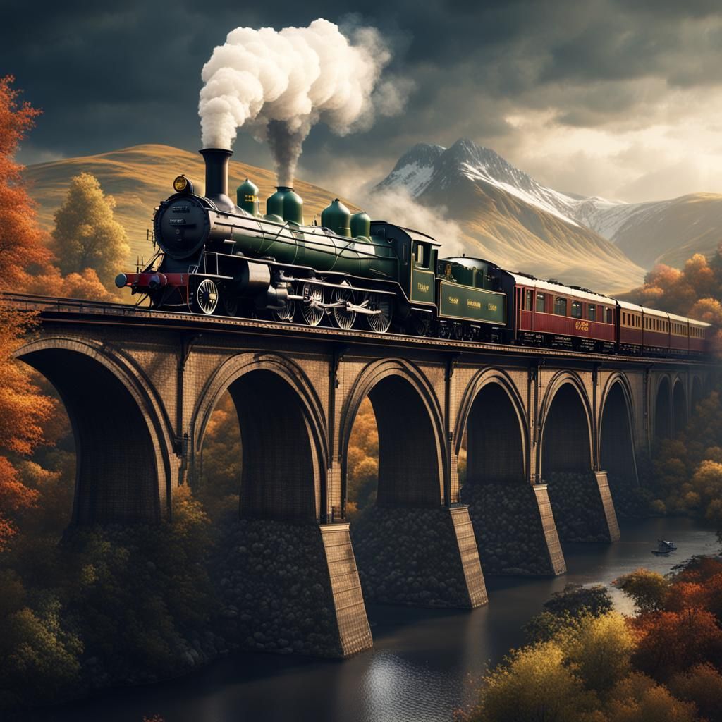 Steam Train on Bridge in Scotland: Fantasy Concept Art