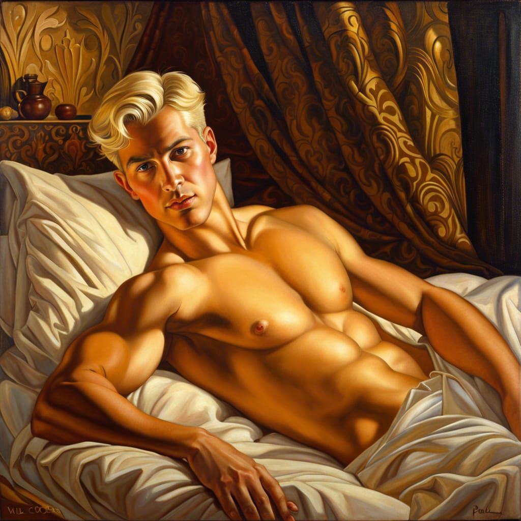Handsome Man Lying in Bed: Oil Painting Portrait
