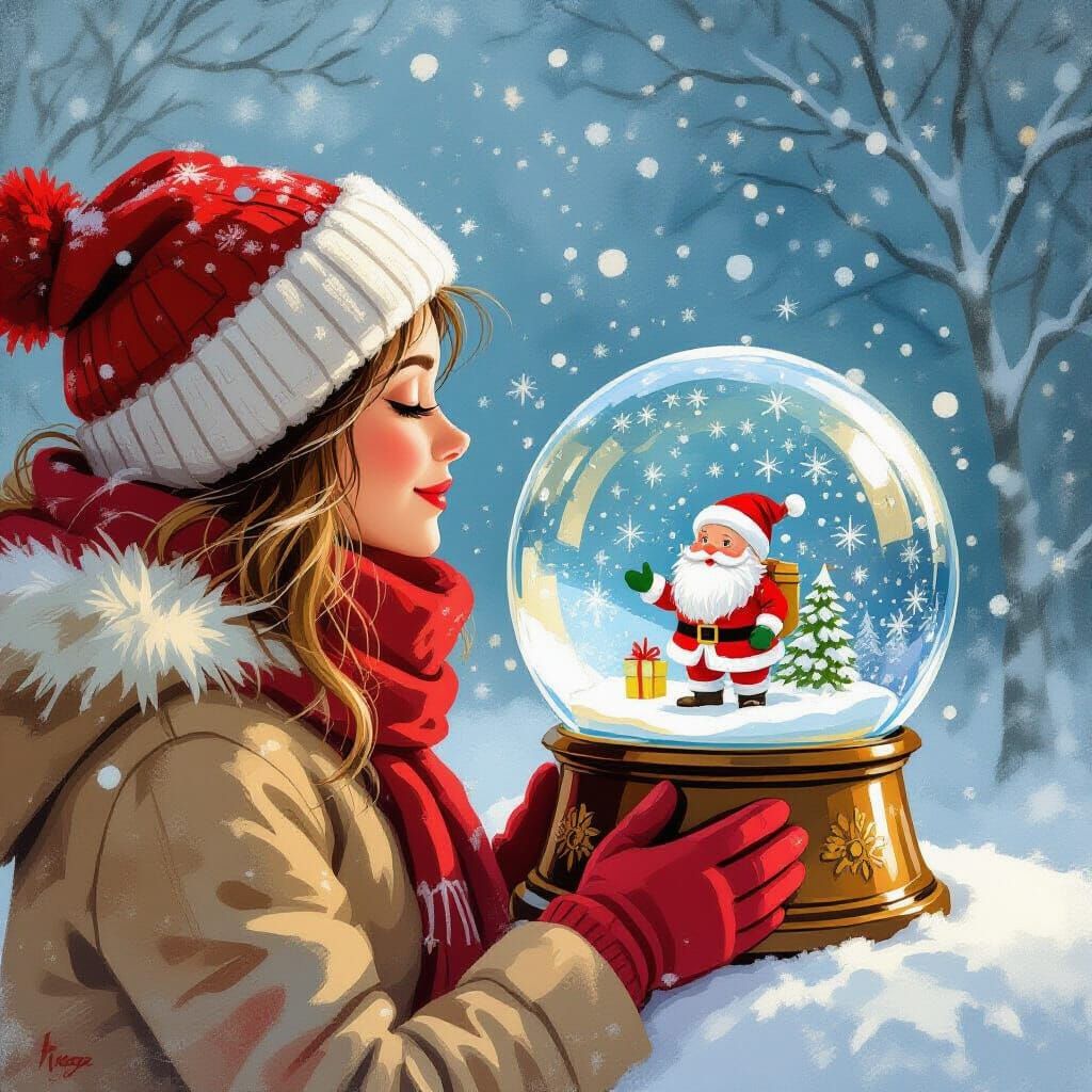 Person Gazing into Whimsical Snow Globe with Santa