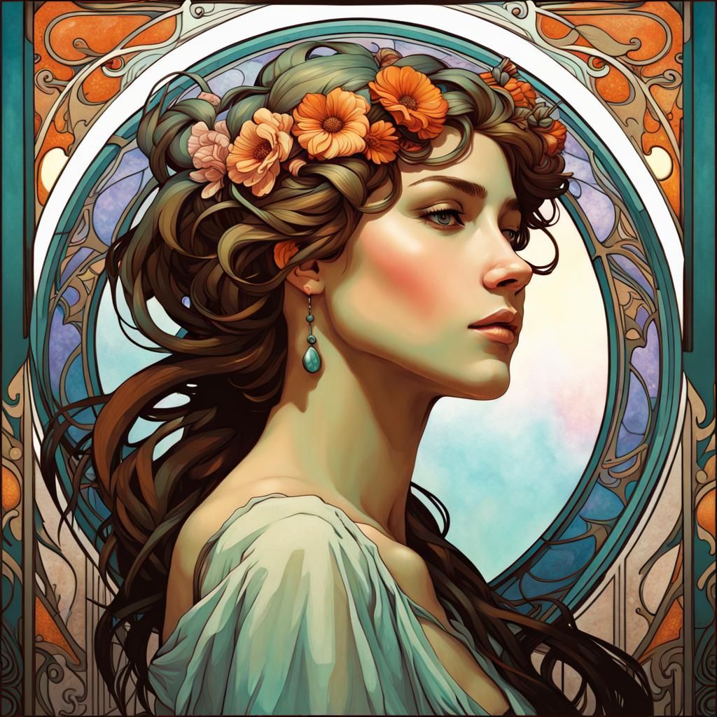 Art Nouveau Woman Portrait in Alphonse Mucha Style
