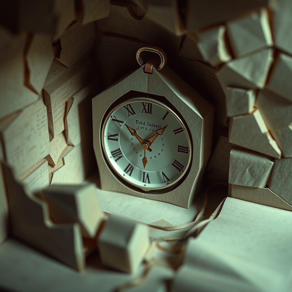 Origami Clock in Detailed Papercraft Scene
