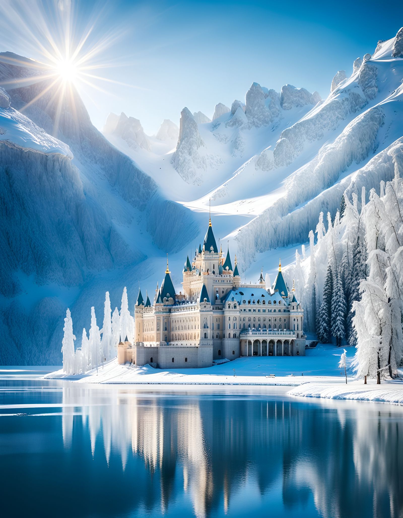 Magical Winter Palace in Snowy Mountains