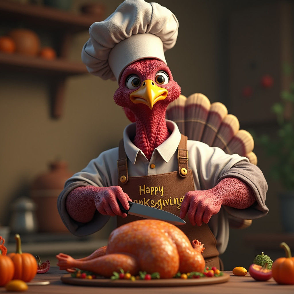 3D Turkey Chef Cutting Chicken, Thanksgiving Art