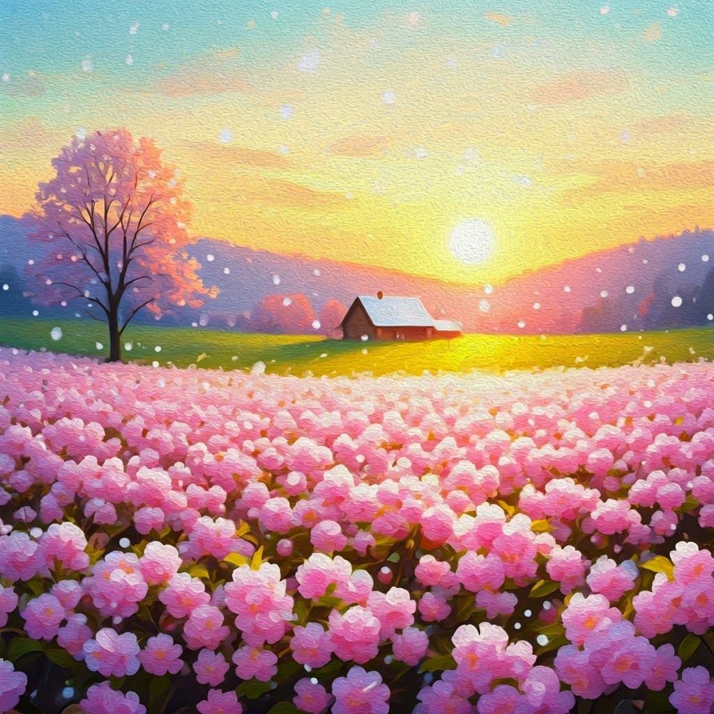 Cherry Blossoms and Snowfall: Impressionist Landscape