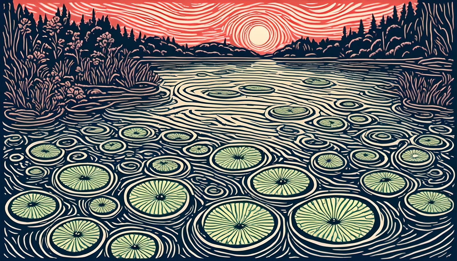 Linocut Lilypads on Rippling Lake