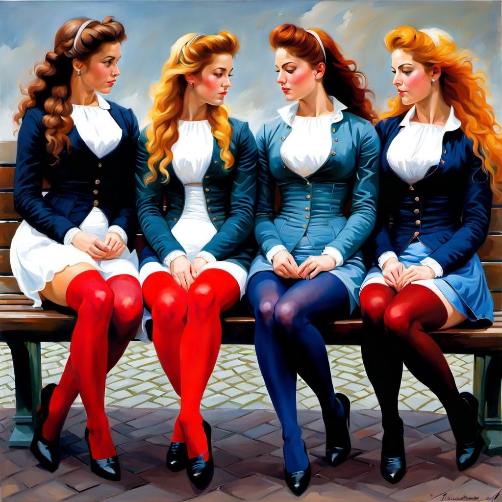 Danish Girls in Colorful Pantyhose, Oil Painting