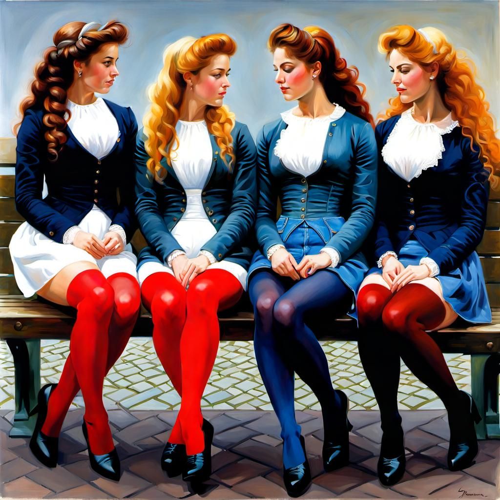 Colorful Danish Girls on Copenhagen Bench, Oil Painting
