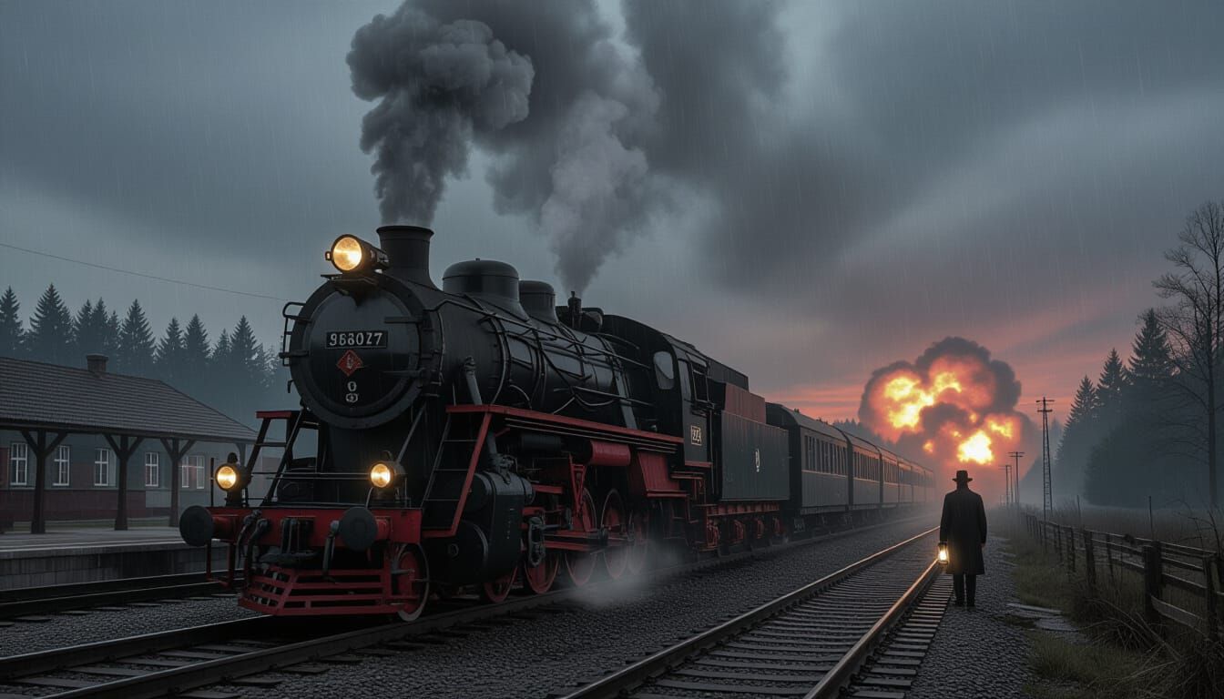 War-Weary Locomotive at Rainy Station