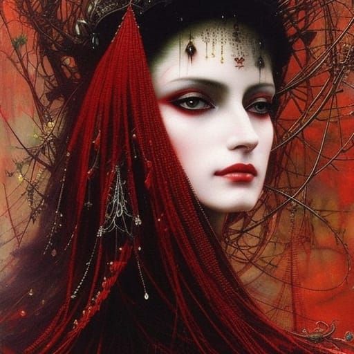 Sorrowful Goddess Portrait in Red Threads