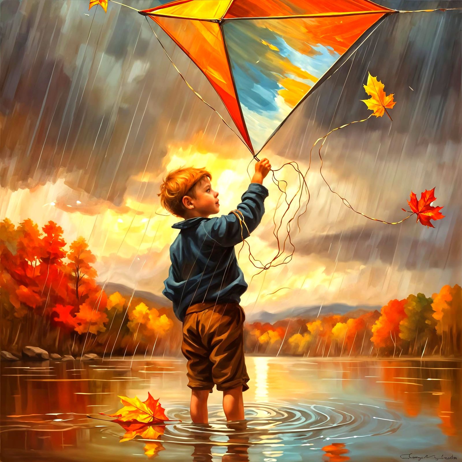 Autumn Storm Inside Glass with Boy Flying Kite