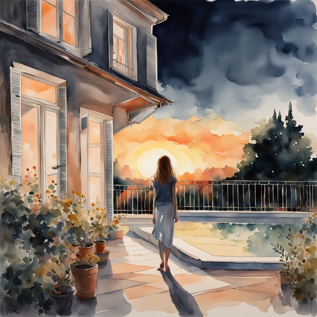 Watercolor House at Sunset with Girl
