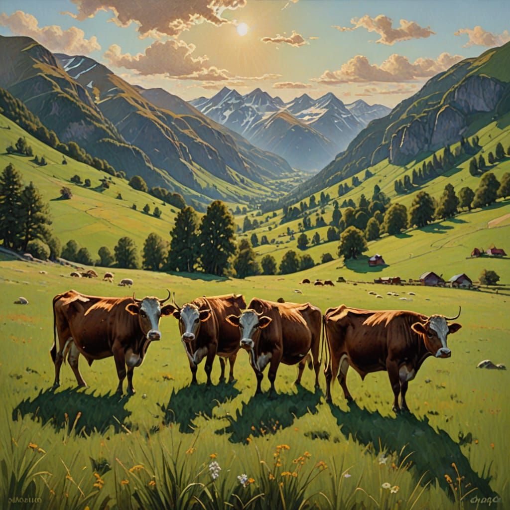 Brown Swiss Cows in Alpine Valley Oil Painting