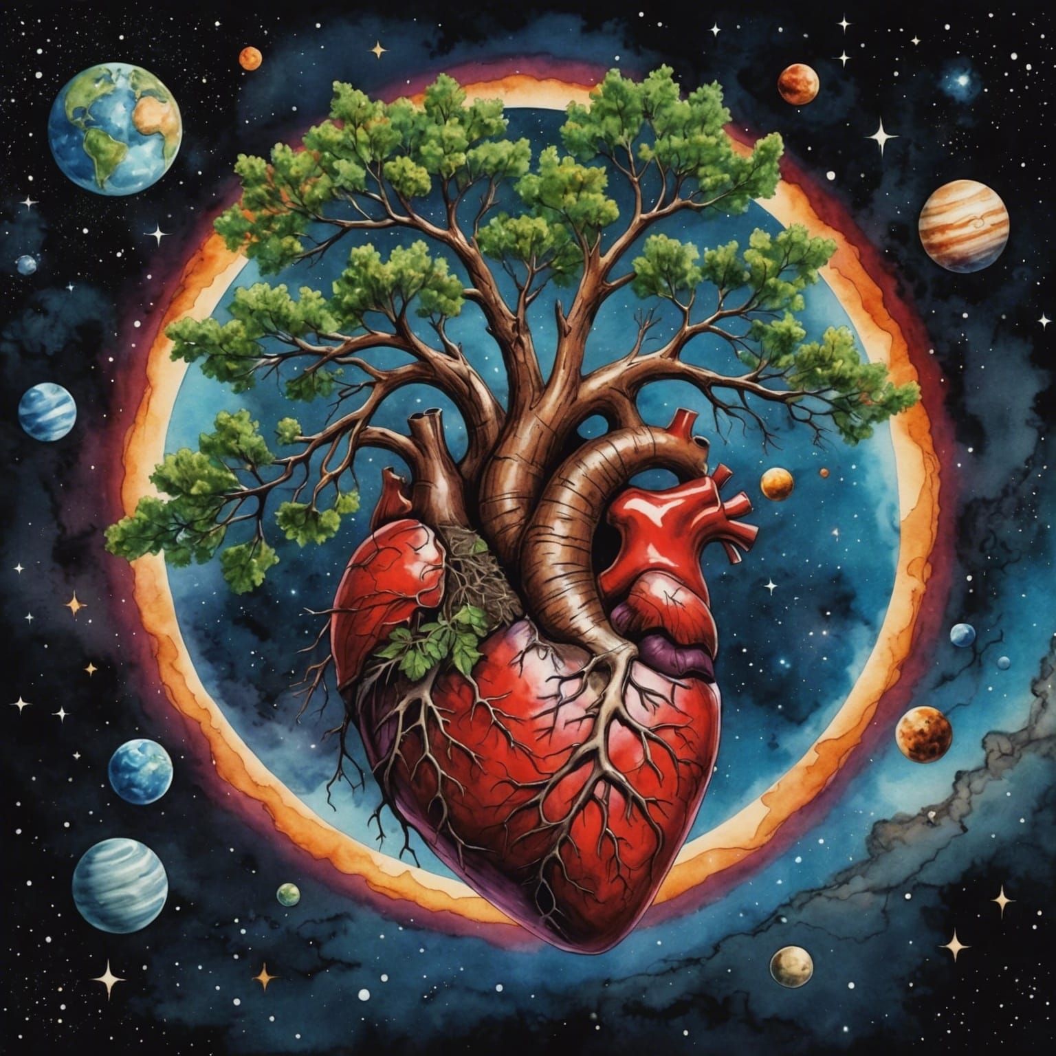 Heart Tree in Space: Watercolor and Ink Painting