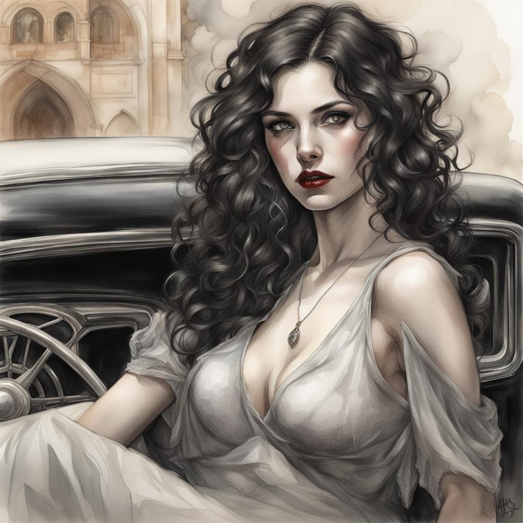 Mediterranean Girl Poses in Watercolor Drawing