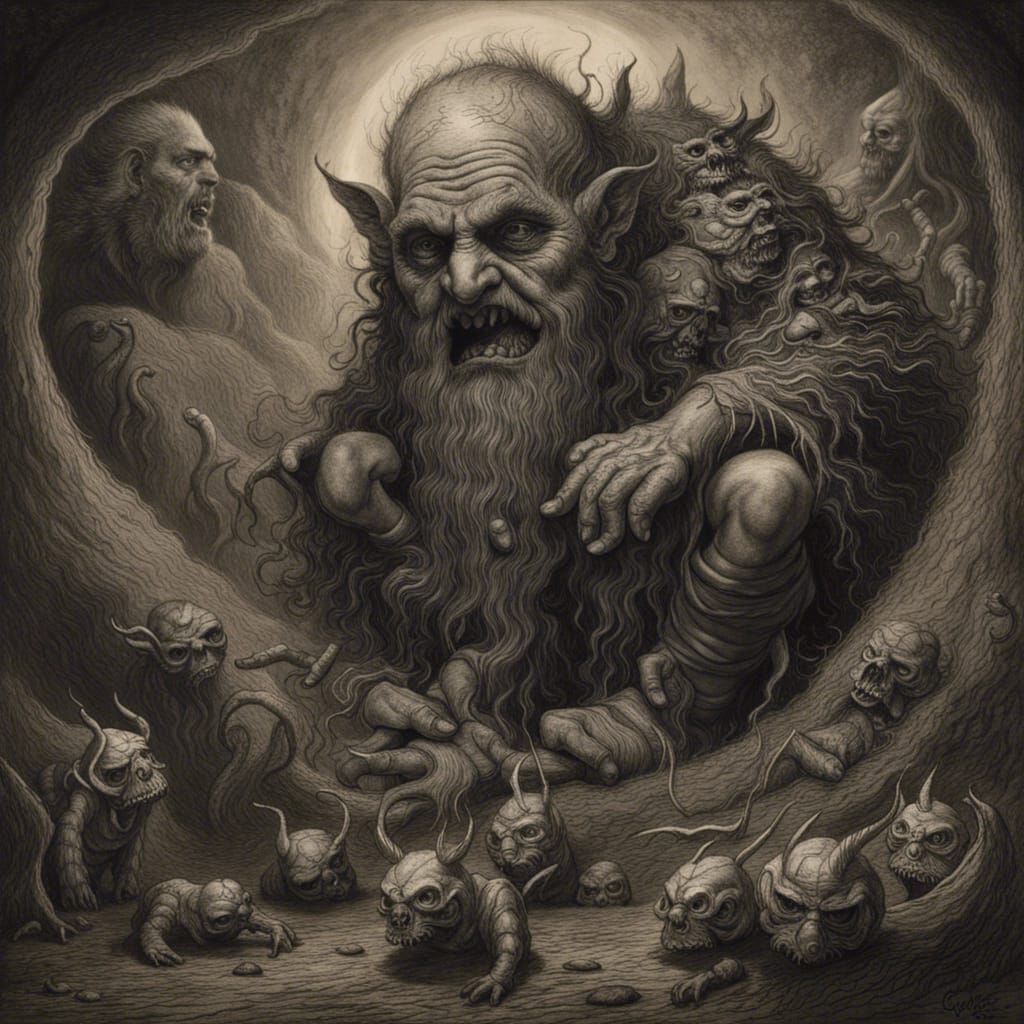 Creepy Fantasy Monster Charcoal Drawing in Doré Style