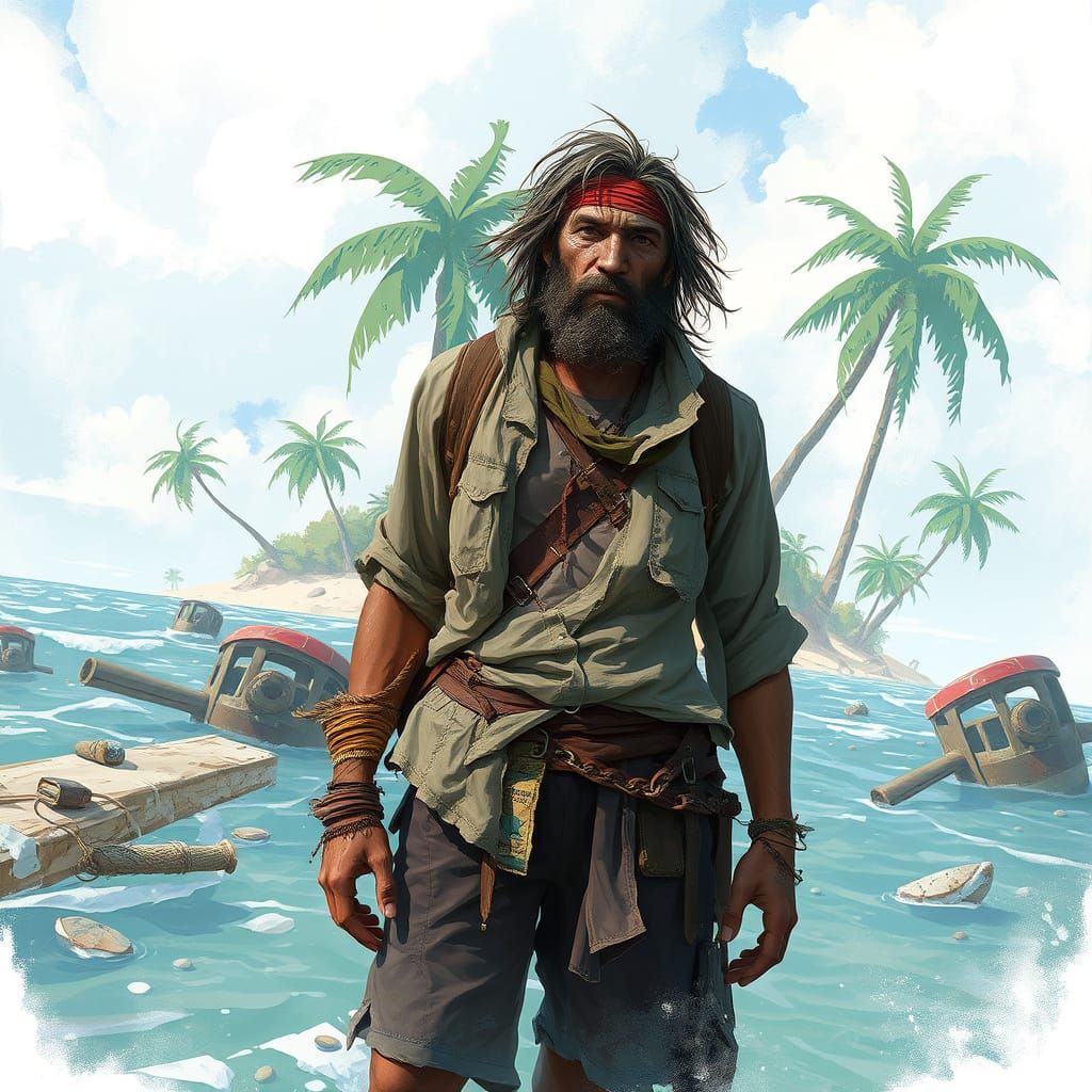 Castaway Stranded on Deserted Island Digital Painting