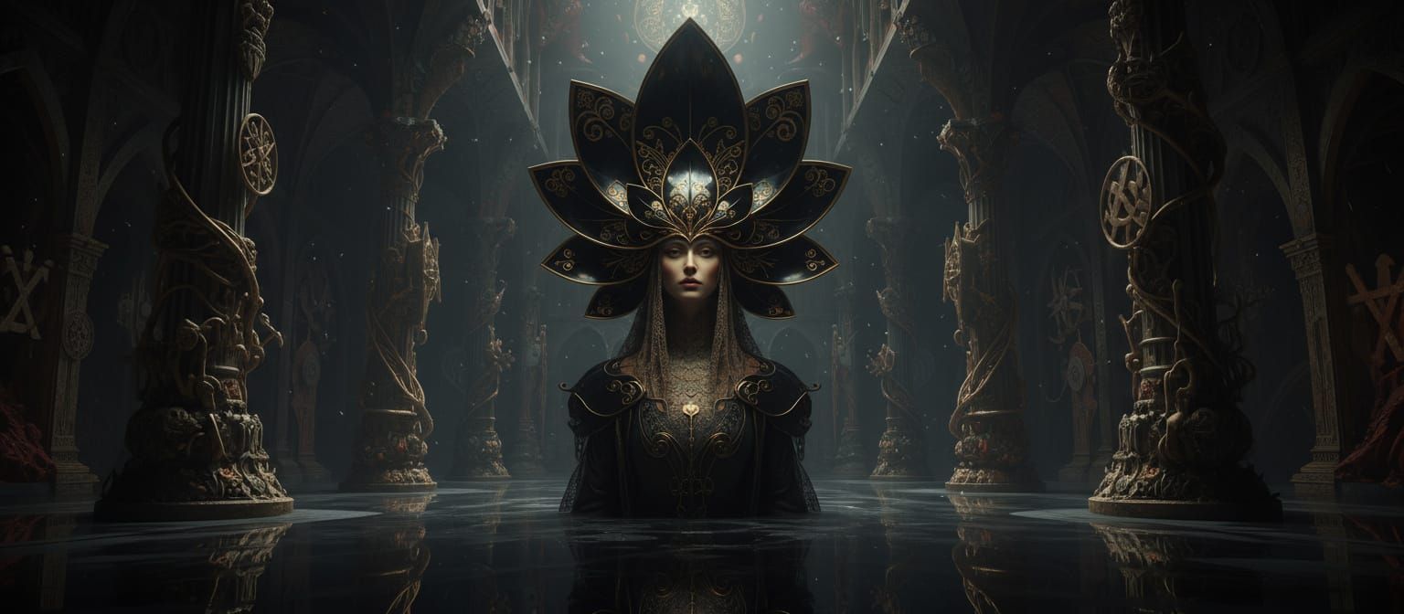 Surreal Medieval Woman in Floral Helmet