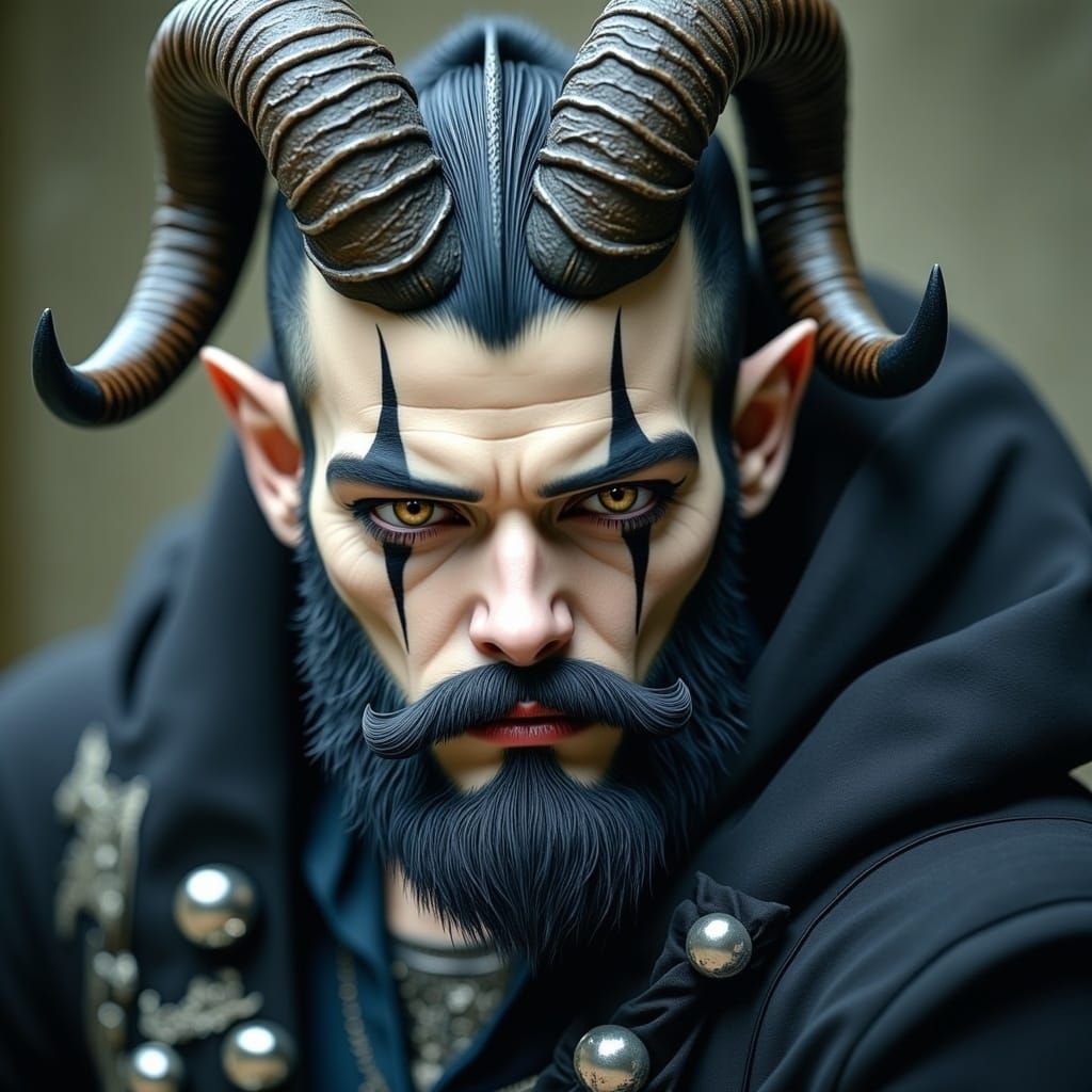 Gothic Anime Goat-Man VTuber with Curved Horns and Claw Nail...