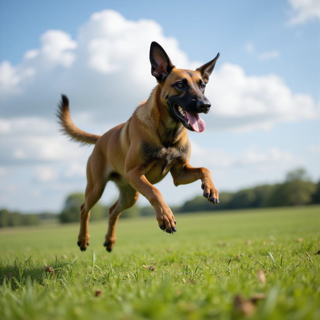 Belgian Malinois in Mid-Air, Captured in a Vibrant Wildlife ...