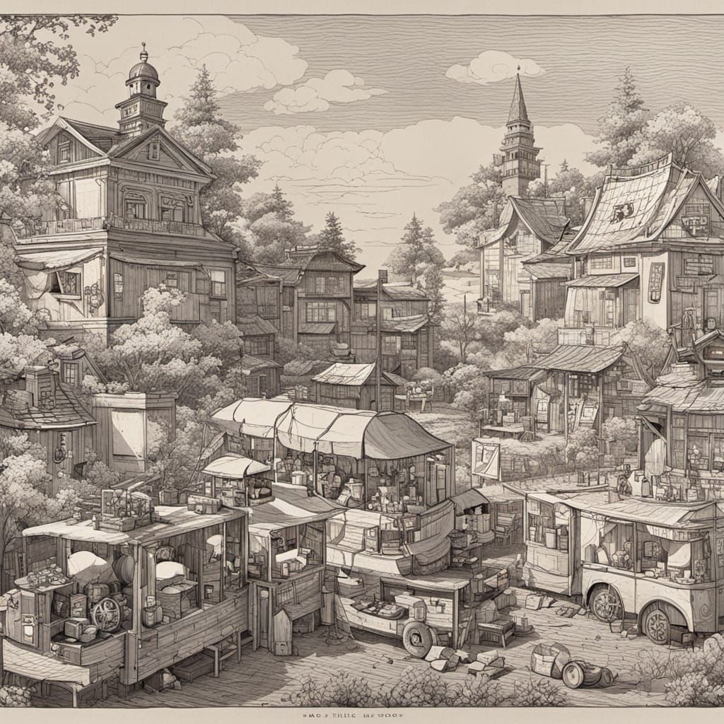 3D Village Scene with Morning Vendors in Woodcut Style