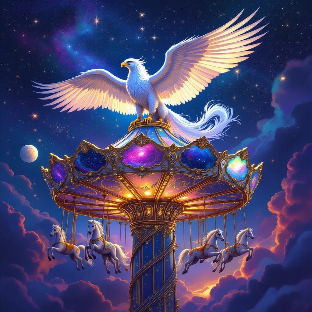 Griffin on Celestial Carousel in Epic Fantasy Art Style