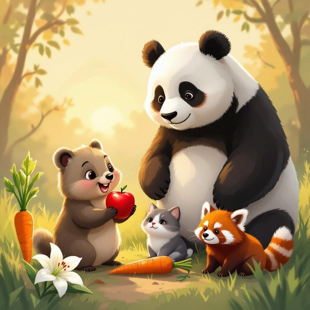 Joyful Quokka, Panda, Cat & Red Panda with Apple and Carrot