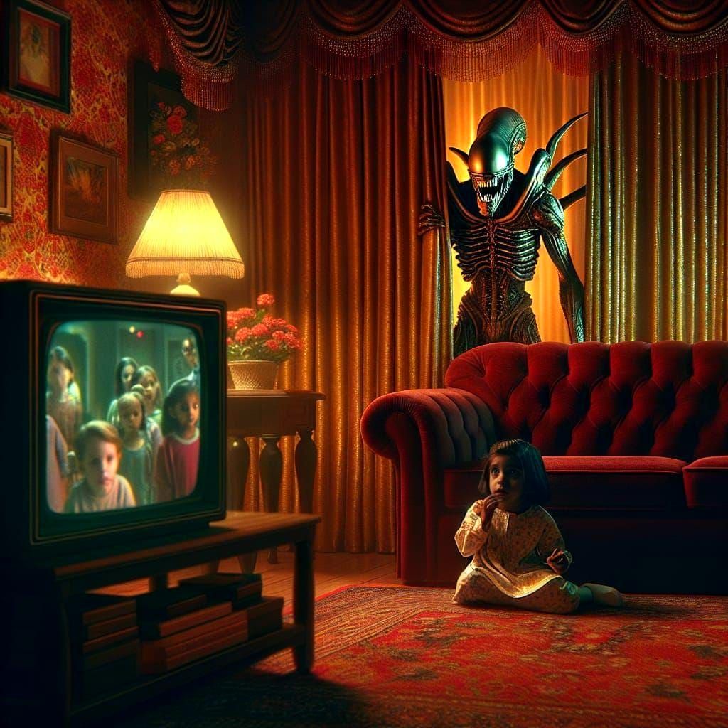 Eerie Film Still: Alien Lurking Behind Curtains