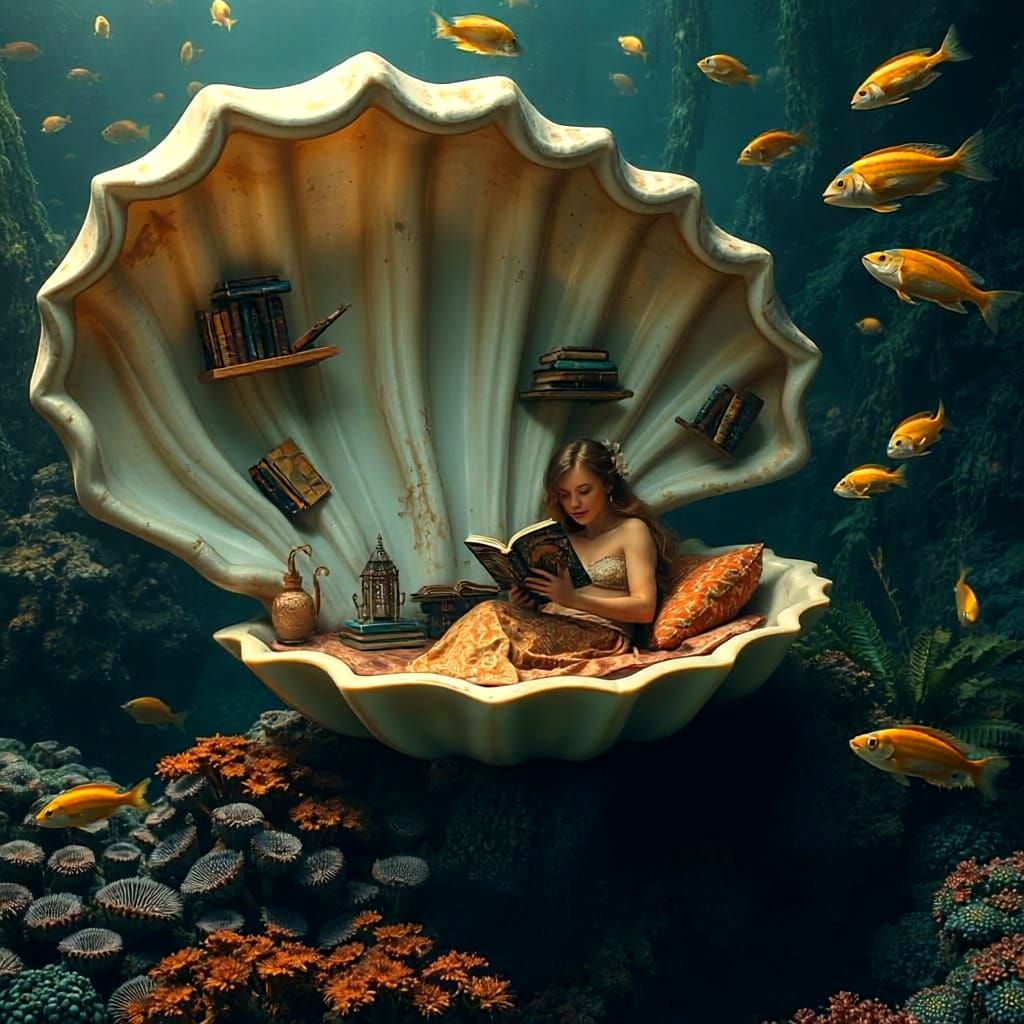 Mermaid Reading in Seashell Bookshelf Grotto