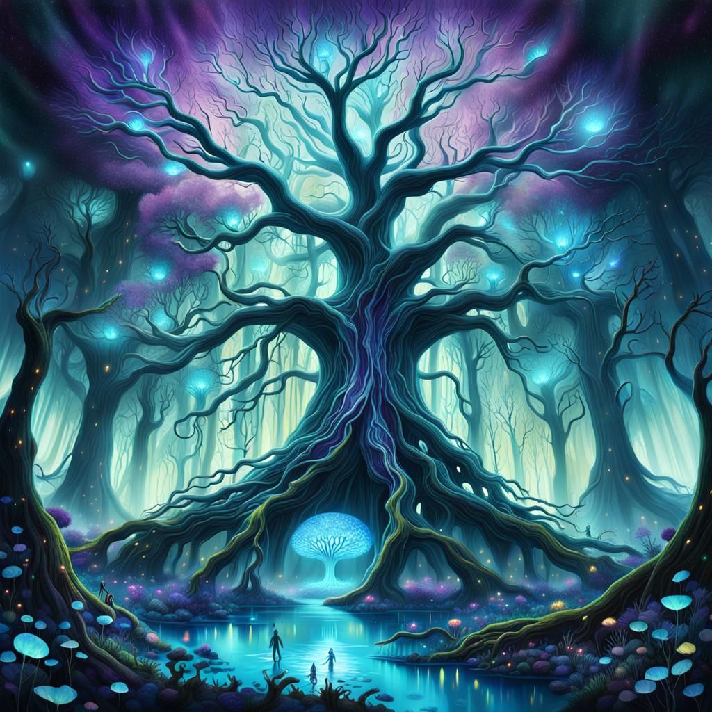 Glowing Bioluminescent Forest in Cosmic Surrealism Style