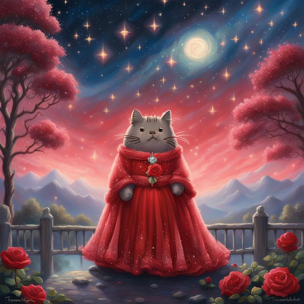 Pusheen in Red Rose Gown Under Starry Sky