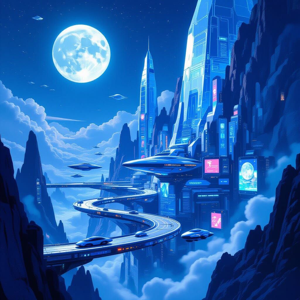 Alien Cityscape on Crystal Mountain Under Twin Moons