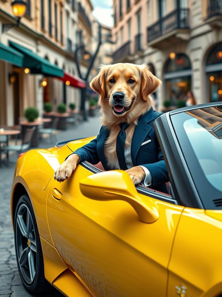 Elegant Golden Retriever in Luxury Suit, Sits in Yellow Ferr...