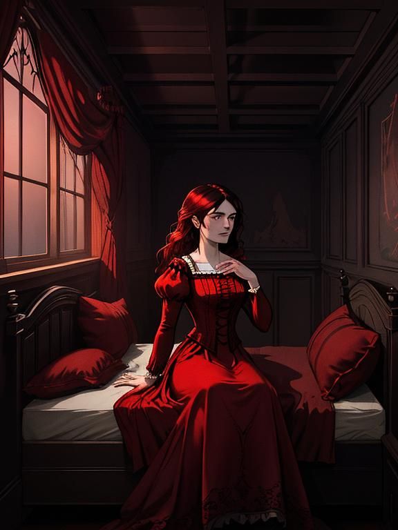 Neo-Victorian Woman in Red Dress, Emotional Turmoil